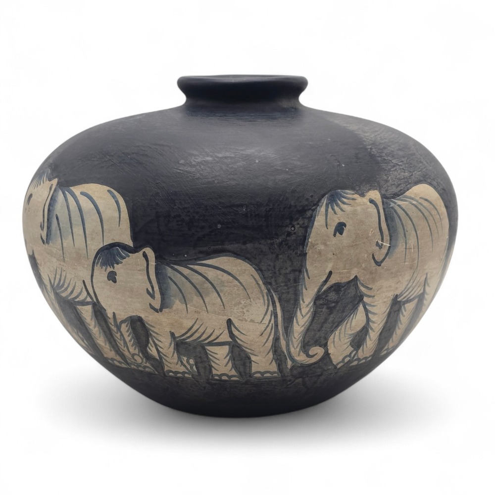 Vintage Studio Pottery Vase Elephant Motif Matte Black Southwest Style - Picture 2 of 12